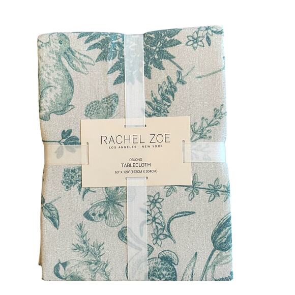 RACHEL ZOE Easter Tablecloth 60 x 120 Bunnies Ivory Green Silver Glitter New - Picture 1 of 10